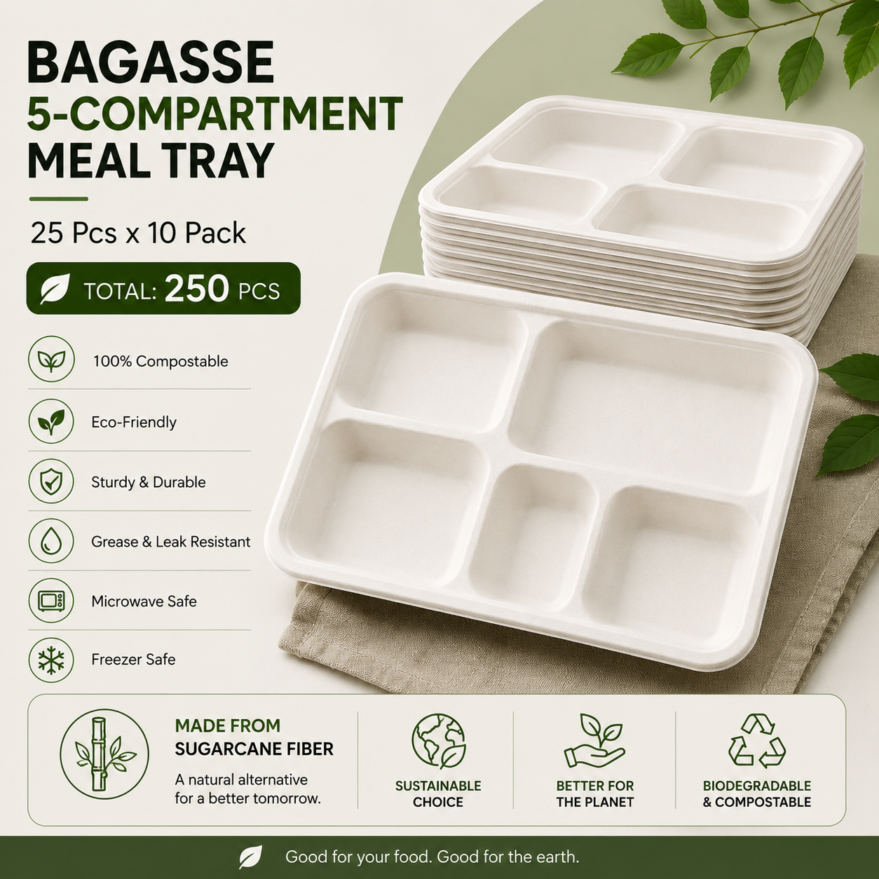 BAGASSE TABLEWARE (5-CP MEAL TRAY PACK OF 25*10)