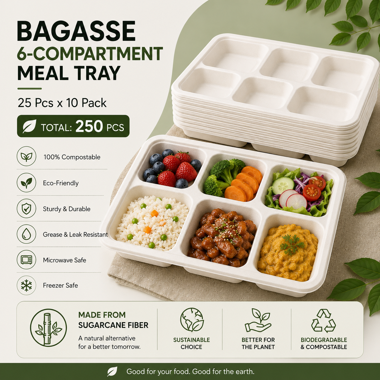 BAGASSE TABLEWARE (6-CP MEAL TRAY PACK OF 25*10)