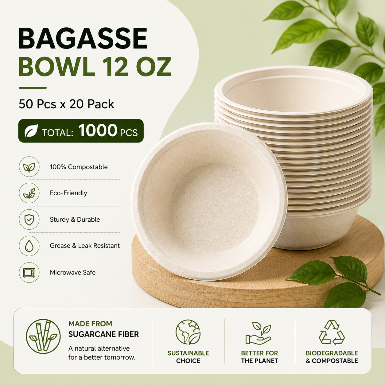 BAGASSE TABLEWARE (12 OZ BOWL PACK OF 50*20)