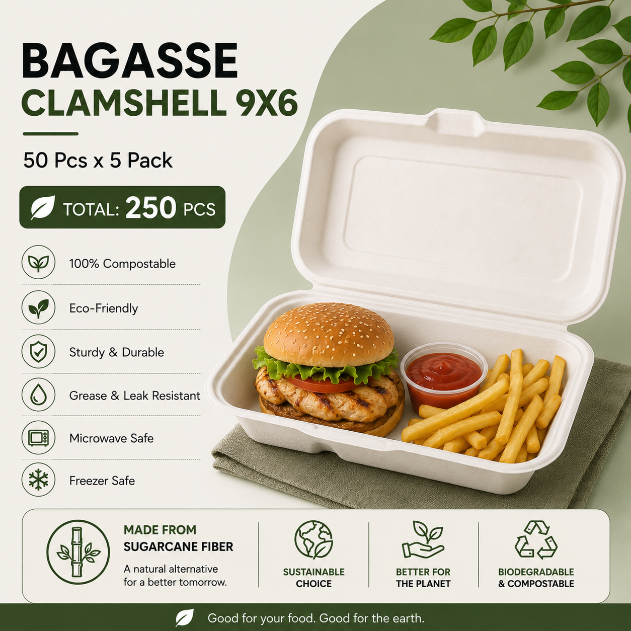 BAGASSE TABLEWARE (9X6 CLAMSHELL PACK OF 50*5)