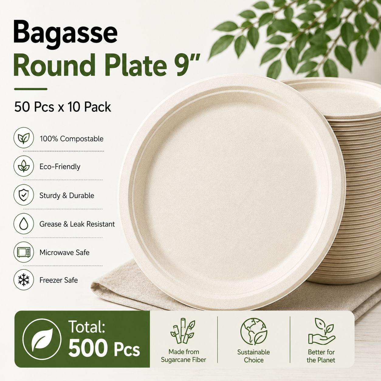 BAGASSE TABLEWARE (9 INCH ROUND PACK OF 50*10)